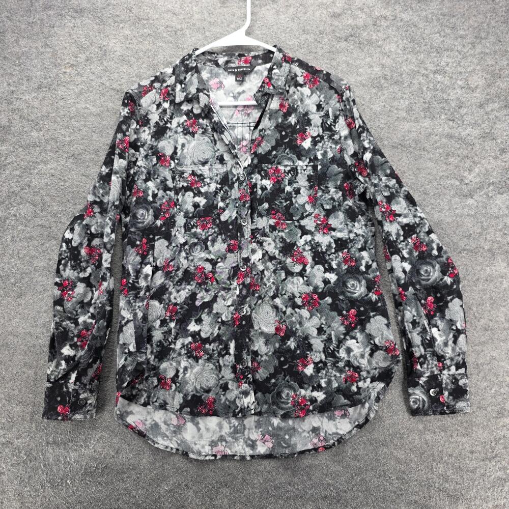 Rock & Republic Shirt Womens XS Black Gray Floral Rose Print Long Sleeve Blouse